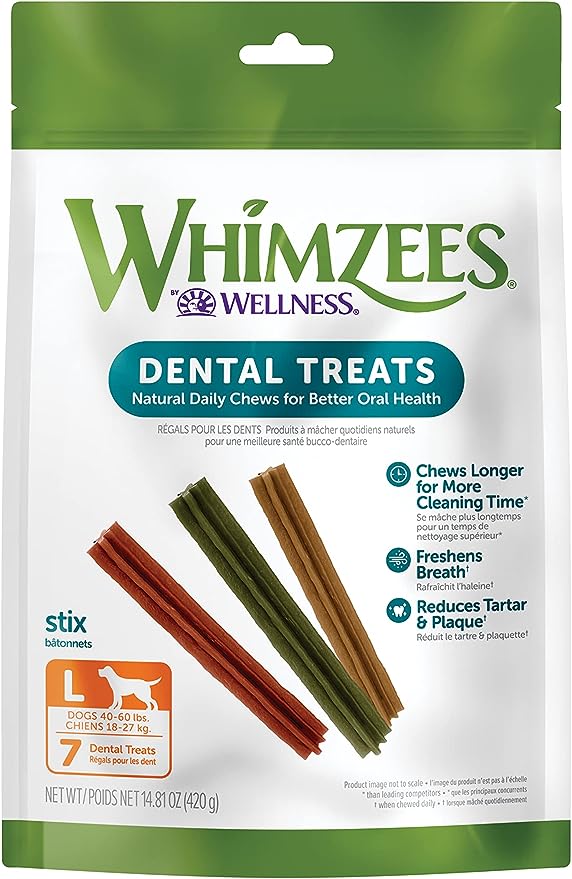 WHIMZEES by Wellness Stix Natural Dental Chews for Dogs, Long Lasting Treats, Grain-Free, Freshens Breath, Large Breed, 7 count