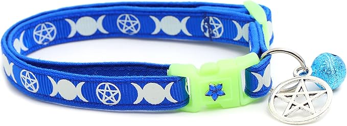 Wicca Cat Collar with Occult Charm & Bell | Witch’s Familiar Cat Collar | Witch Kitten Collar Charms | Glow in The Dark | Safety Breakaway Collar (Large(10lbs & Up), Solid Blue)