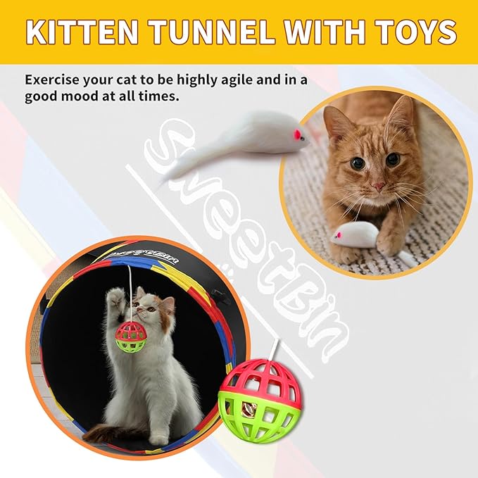 3 Way Large Cat Tunnels for Indoor Cats - Durable & Resistant to Scratching Cat Play Tube Tunnel - Includes Mouse Toy, Bell Ball - Gift for Ferrets & Rabbits (Black)