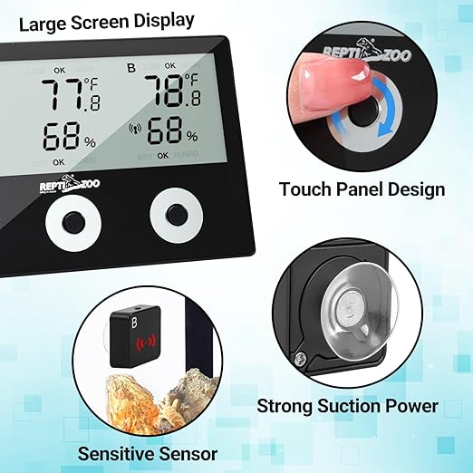 REPTI ZOO 3-Channels Reptile Thermometer Humidity Gauge, Wireless Digital Thermometer Hygrometer for Reptile Tank, Hygrometer Thermometer Monitor with Alarm Function Large Screen Display