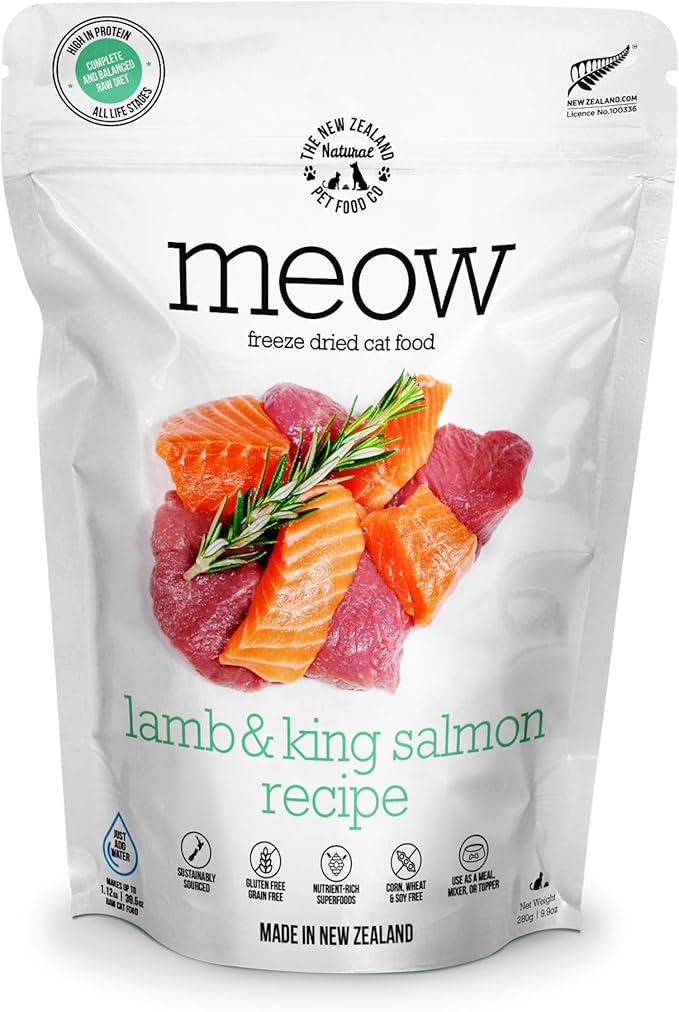 Meow Lamb & King Salmon Freeze Dried Raw Cat Food, Mixer, or Topper, or Treat - High Protein, Natural, Limited Ingredient Recipe 9.9 oz