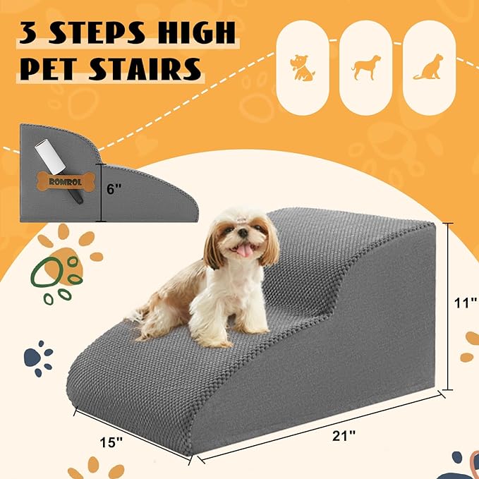 High Density Foam Dog Stairs Ramp for Beds Couches, Romrol Pet Steps with Durable Non-Slip Waterproof Fabric Cover, Dog Slope Stairs Friendly to Small Dogs and Cats or Pets Joints, 2-Tiers