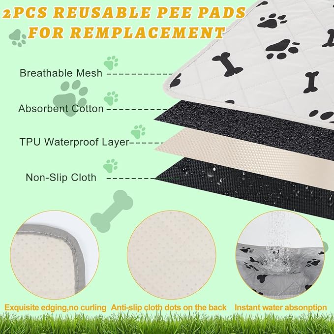 MEEXPAWS Dog Grass Pad with Tray/Foldable Liner Base Large, Dog Litter Box Artificial Grass Pee Pad for Indoor Dog Potty, Odor Free Instant-Penetration Hemmed Edge Dog Potty Grass, 2 PCS Reusable Pad