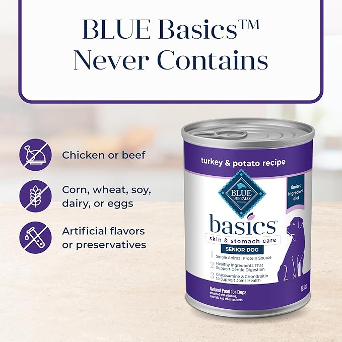 Blue Buffalo Basics Grain-Free Senior Wet Dog Food, Skin & Stomach Care, Limited Ingredient Diet, Turkey Recipe, 12.5-oz. Cans, 12 Count