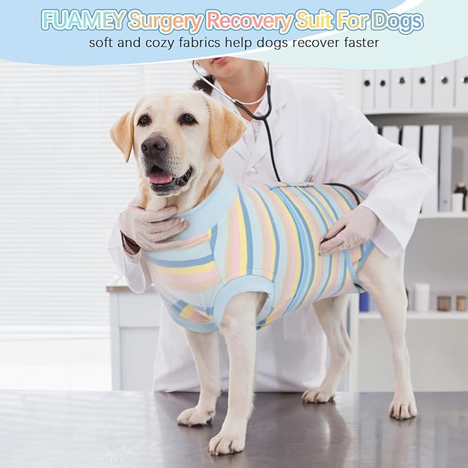 FUAMEY Recovery Suit for Dogs After Surgery,Soft Breathable Dog Bodysuit E-Collar & Cone Alternative Surgical Suit,Male Female Dog Neuter Spay Suits Anti Licking Wounds Onesie Blue Yellow Stripes XS