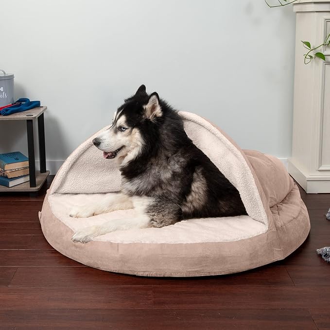 Furhaven 44" Round Memory Foam Dog Bed for Large Dogs w/ Removable Washable Cover, For Dogs Up to 80 lbs - Sherpa & Suede Snuggery - Cream, 44-inch