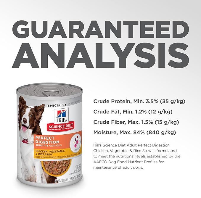Hill's Science Diet Perfect Digestion, Adult 1-6, Digestive Support, Wet Dog Food, Chicken, Vegetable & Rice Stew, 12.5 oz Can, Case of 12