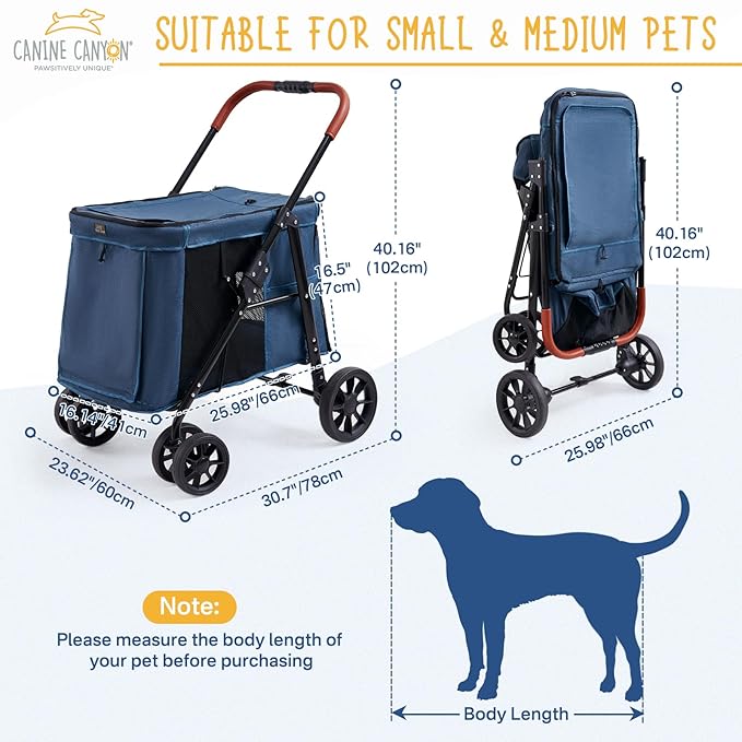 4 Wheels Pet Stroller for Small/Medium Dogs- One Button Fold, Adjustable Mesh Windows and Shades, 360° Swivel Front Wheels and Rear Wheel Brake