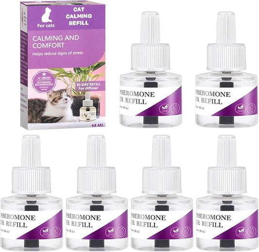 Cat Pheromones Calming Diffuser Refill, 6 Pack Cat Calming Diffuser Refills Kit, Relieve Anxiety Stress 180 Days for Cats Calm, 48ml Fit All Common Diffusers Plug in