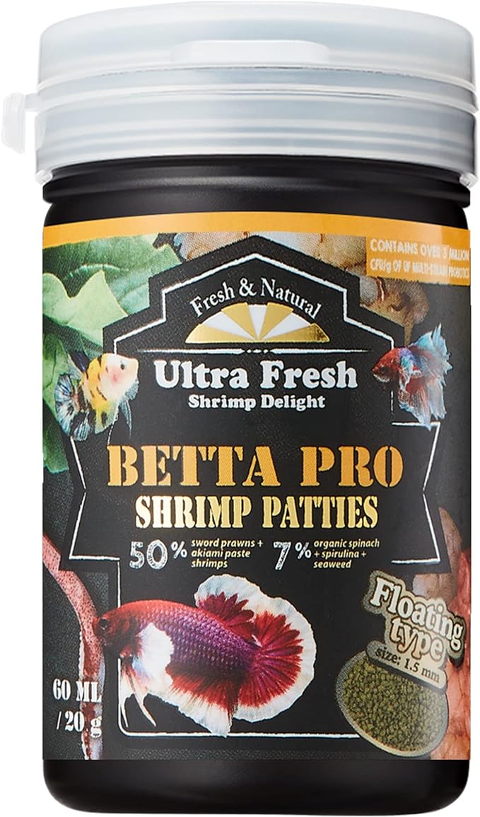 Ultra Fresh Betta Fish Food, Pro Shrimp Patties, 50% Sword Prawns + Akiami Paste Shrimps, All Natural Protein, Rich in Calcium, for Betta's Healthy Development and Cleaner Water, 0.7 oz