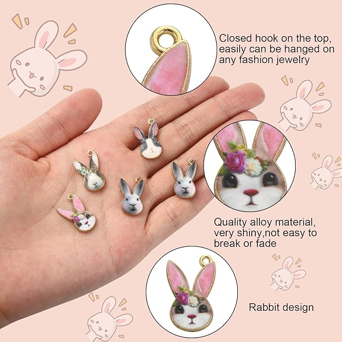 LiQunSweet 40 Pcs 4 Styles Enamel Animal Bunny Rabbit Easter Charms for Jewelry Making Bracelets Necklace