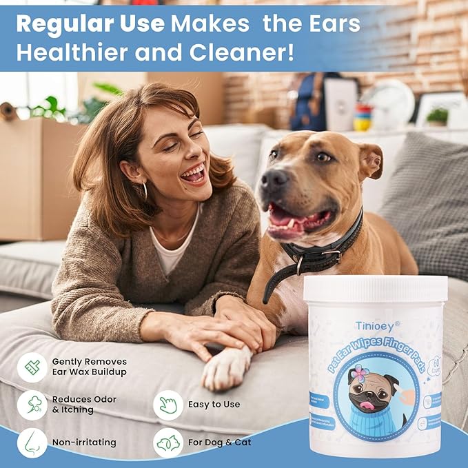 Dog Ear Wipes for Dogs - 1.9in-Wide Large Sized Finger Pads(60 Pads) | Plant-based Cat Dog Ear Cleaner Wipes Cleaning Solution to Remove Dirt and Ear Wax, Relieve Itching & Inflammation