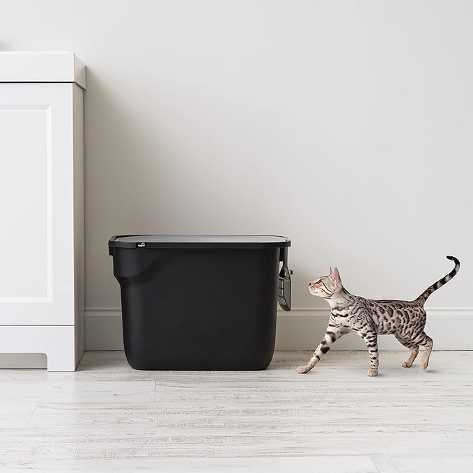 IRIS USA Rectangular Top Entry Cat Litter Box with Scoop, Large Cat Litter Box Enclosure, Kitty Litter Box, Black/Gray