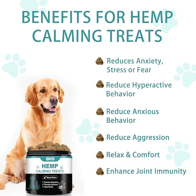 GKD Calming Chews for Dogs, Dog Calming Chews Anxiety Relief, Hemp Calm Dog Calming Treats Care for Puppy-Small-Medium-Large Dogs, Stress Sleep Travel Pain Separation Fireworks Aid