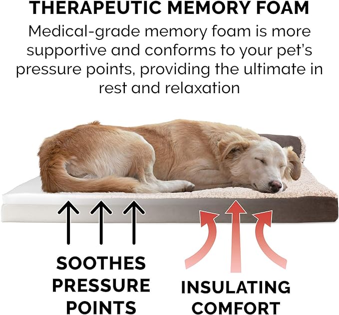 Furhaven Memory Foam Dog Bed for Medium/Small Dogs w/ Removable Bolsters & Washable Cover, For Dogs Up to 35 lbs - Two-Tone Plush Faux Fur & Suede L Shaped Chaise - Espresso, Medium