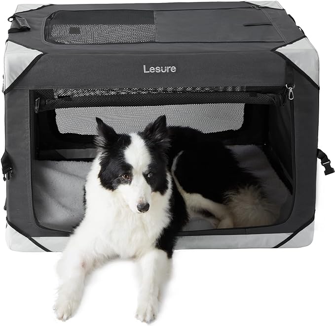 Lesure Collapsible Dog Crate - Portable Dog Travel Crate Kennel for Large Dog, 4-Door Pet Crate with Durable Mesh Windows, Indoor & Outdoor (Charcoal Gray)