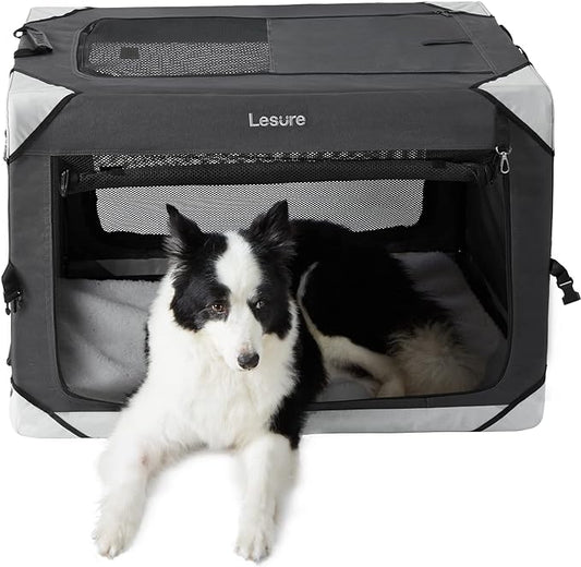 Lesure Collapsible Dog Crate - Portable Dog Travel Crate Kennel for Large Dog, 4-Door Pet Crate with Durable Mesh Windows, Indoor & Outdoor (Charcoal Gray)
