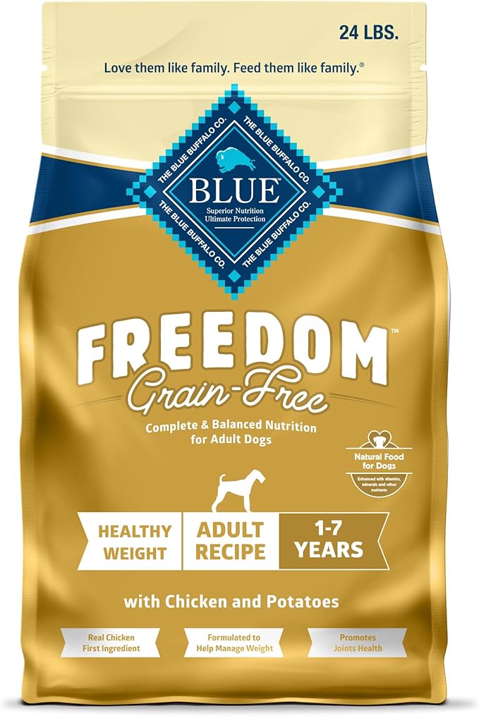 Blue Buffalo Freedom Grain-Free Healthy Weight Dry Dog Food, Complete & Balanced Nutrition for Adult Dogs, Made in the USA With Natural Ingredients, Chicken & Potatoes, 24-lb. Bag