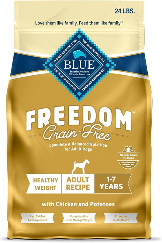 Blue Buffalo Freedom Grain-Free Healthy Weight Dry Dog Food, Complete & Balanced Nutrition for Adult Dogs, Made in the USA With Natural Ingredients, Chicken & Potatoes, 24-lb. Bag