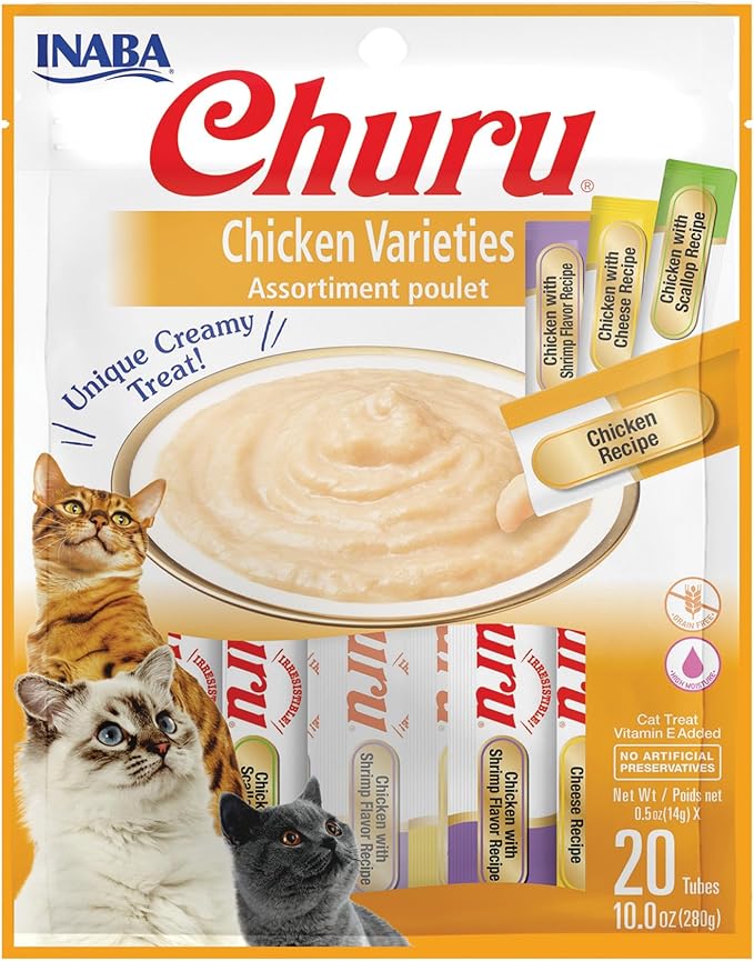 INABA Churu Cat Treats, Grain-Free, Lickable, Squeezable Creamy Purée Cat Treat/Topper with Vitamin E & Taurine, 0.5 Ounces Each Tube, 20 Tubes, Chicken Variety