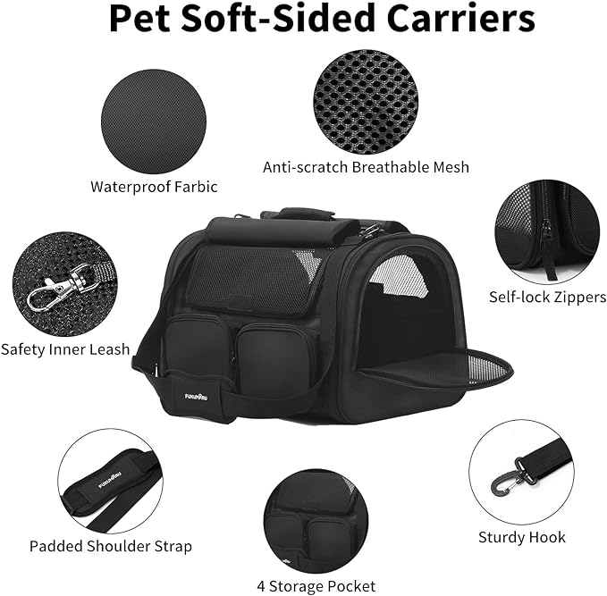 FUKUMARU Cat Carrier, 4 Mesh Windows Small Dog Carrier, 4 Storage Pockets Cat Travel Bag, Under 15 lb Airline Approved Pet Carrier, Rollable Cover for Nervous Cats, Black