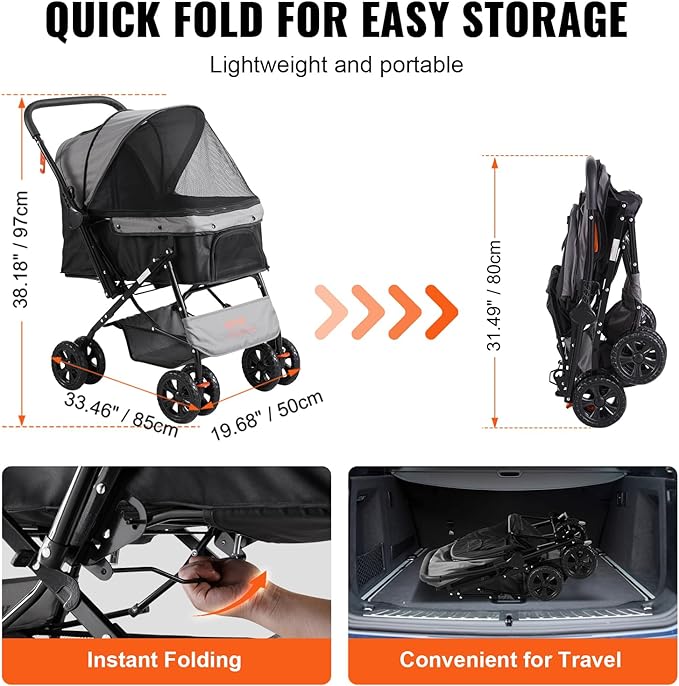 VEVOR Dog Cat Stroller for Medium Small Dogs Cats Up to 44lbs, 4 Wheel Foldable Pet Stroller with Reversible Handle, Portable Lightweigh Puppy Doggy Doggie Jogging Stroller with Storage Basket