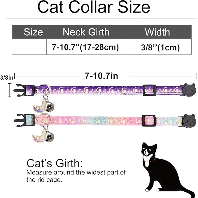 2 Pack Breakaway Cat Collar with Bells,Adjustable Moon and Star Kitten Safety Collars for Boys & Girls,Purple+Pink