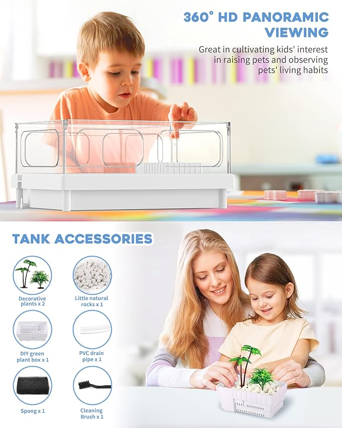 Small Turtle Tank, Turtle Aquarium, Acrylic Turtle Terrarium with Basking Platform, Bottom Drainage, Multi-Function Areas for Turtles, Crabs, Crayfish, Small Reptiles. (White Tank)