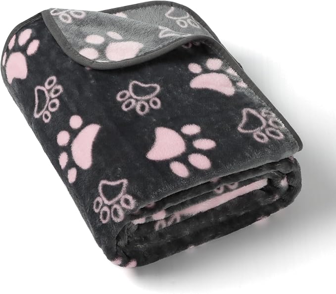 Dog Blanket, Grey Pink Flannel Fleece Blanket for Small Medium Dogs, Pet Puppy Blankets Gift for Kitten Cat, Cute Paw Print Blanket for Bed Cover, Couch, Crate, 41x31 inch