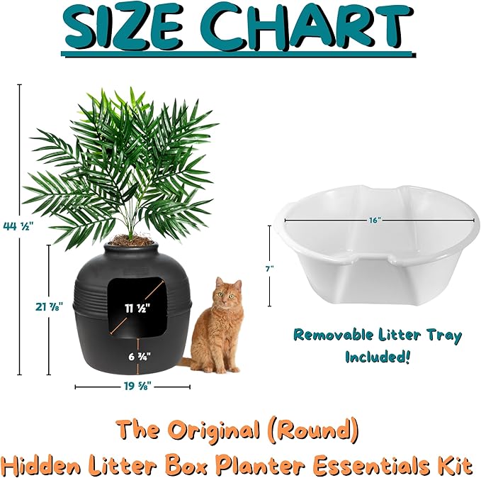 Good Pet Stuff, Original Hidden Litter Box & Reusable Liner Essentials Kit, Round Enclosed Cat Planter Litter Box with Artificial Plants, Vented Carbon Odor Filter System, Easy to Clean, Black Suede