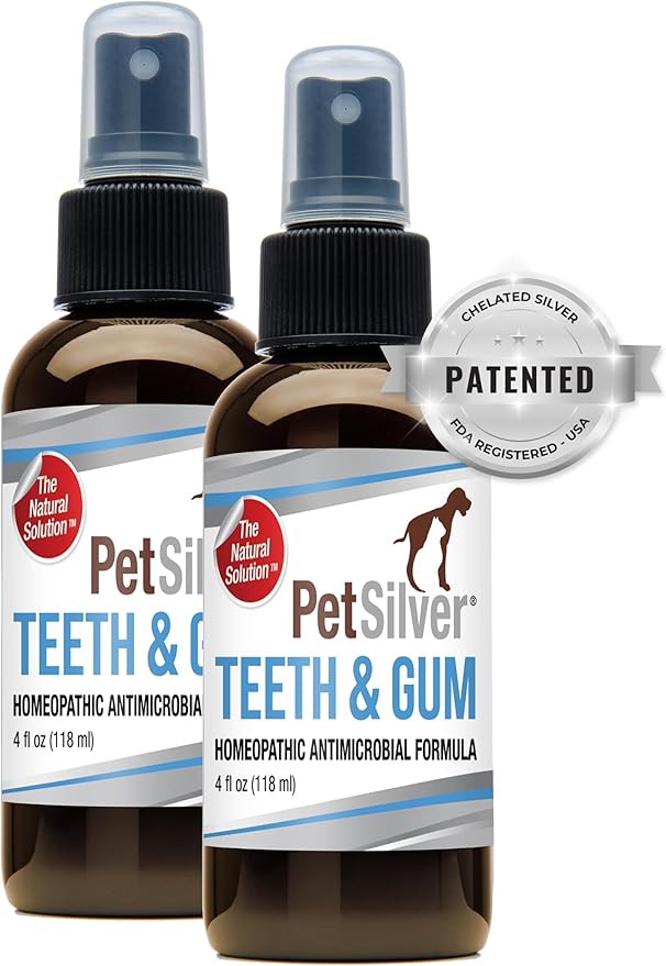 PetSilver Teeth & Gum Spray, Patented Chelated Silver, Dog Teeth Cleaning, Natural Dog Breath Freshener, Cat Teeth Cleaning Without Brushing, Dog Dental Spray, Made in The USA, 2-Pack 4 oz