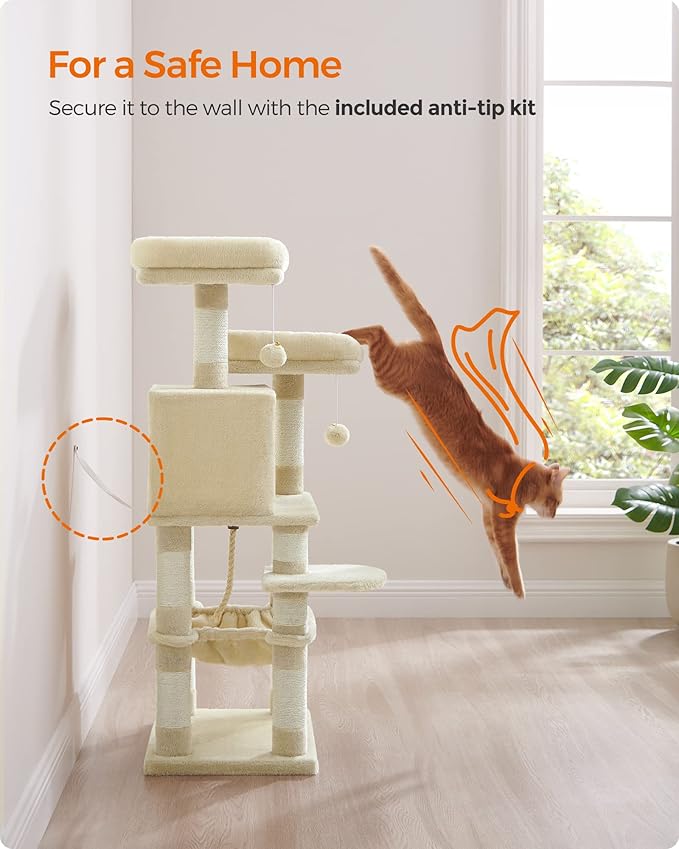 Feandrea Cat Tree, 44.1-Inch Cat Tower for Indoor Cats, Multi-Level Cat Condo with 11 Scratching Posts, 2 Perches, Cave, Hammock, Beige UPCT215M01