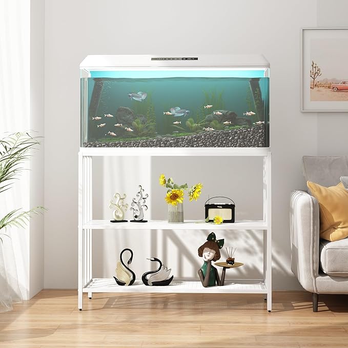 Fish Tank Stand with Metal Shelves, 55 Gallon Aquarium Stand Heavy Duty Turtle Tank Terrariums Tank Breeder Reptile Tank Stand for Home Office, 48.4” x 14.9” x 29.5” (White)