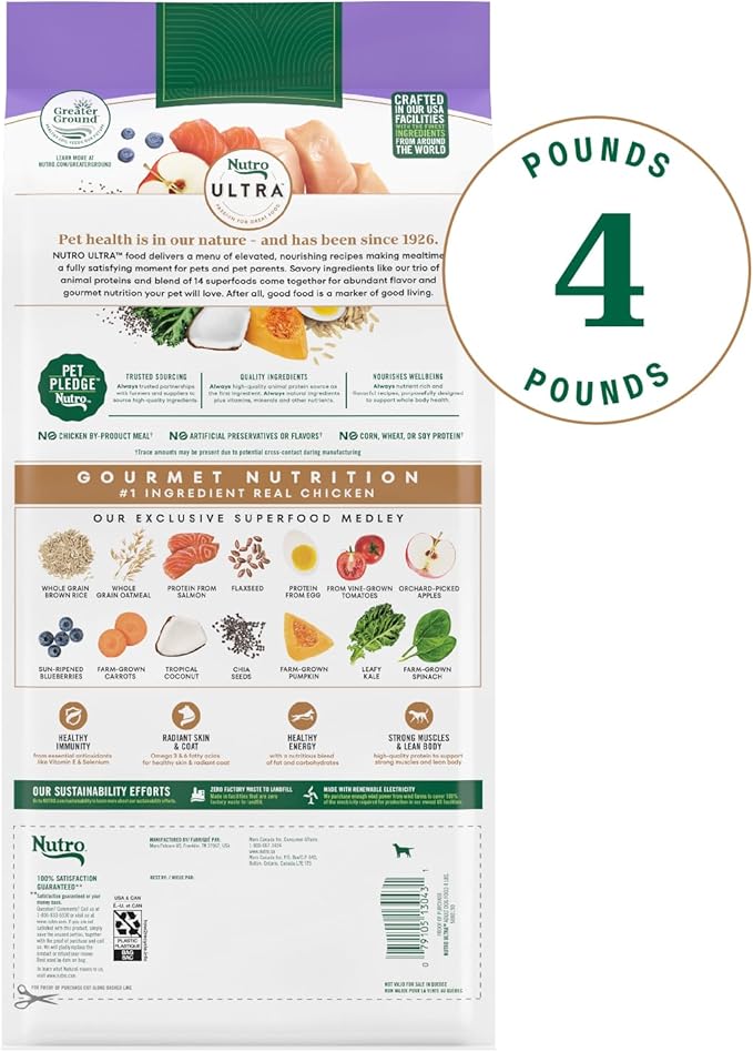 Nutro Ultra Adult Dry Dog Food with a Trio of Proteins from Chicken, Lamb and Salmon, 4 lb. Bag