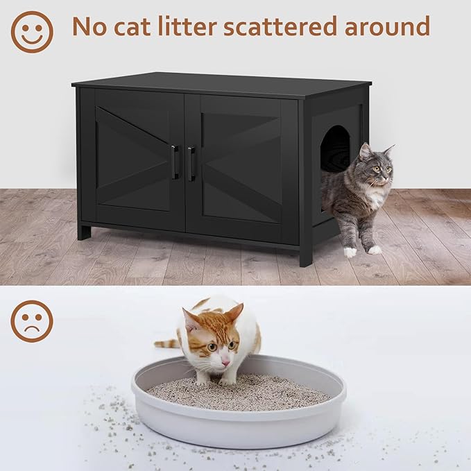 Cat Litter Box Enclosure,Litter Box Furniture Hidden with Barn Door,Wooden Cat Washroom Furniture,Cat House,Fit Most of Litter Box, Black