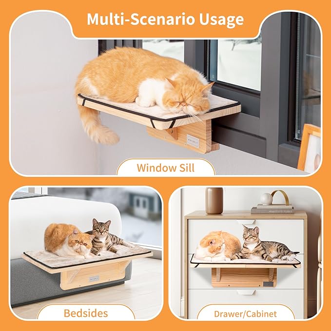 Petsfit 2 Cats Design Cat Window Perch, Natural Wood with Removable Fleece Mat Space Saving Cat Window Seat for Cats