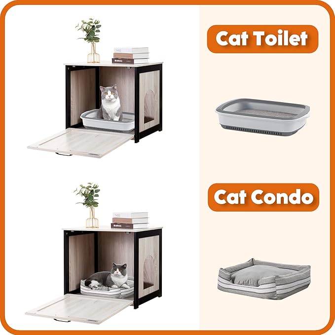 DWANTON Cat Litter Box Furniture Hidden, Cat Litter Box Enclosure, Reversible Entrance Can Be on Left or Right Side, Indoor Cat Box Cabinet, Wooden Cat Washroom, End Table, Nightstand, Beige