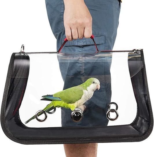 Lightweight Bird Carrier for Travelers, Bird Travel cage with Parrot Feeder Cups & Standing Perch and Tracy (Medium 16 x 9 x 11, Red) Patented Product