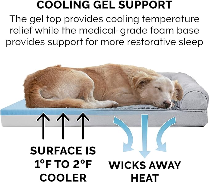 Furhaven Cooling Gel Dog Bed for Large Dogs w/ Removable Bolsters & Washable Cover, For Dogs Up to 125 lbs - Plush & Suede Sofa - Gray, Jumbo Plus/XXL