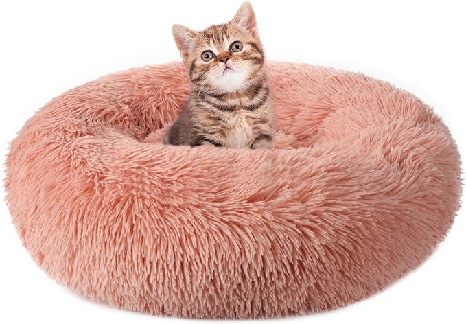 rabbitgoo Cat Beds for Indoor Cats, 20 inches Cat Bed Machine Washable, Fluffy Round Pet Bed Non-Slip, Calming Soft Plush Donut Cuddler Cushion Self Warming for Small Dogs Kittens, Light Pink, Medium