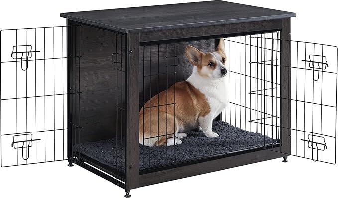 DWANTON Dog Crate Furniture with Cushion, Medium Wooden Dog Crate with Double Doors, Dog Furniture, Indoor Dog Kennel, End Table, Medium, 32.5" L, Dark Grey