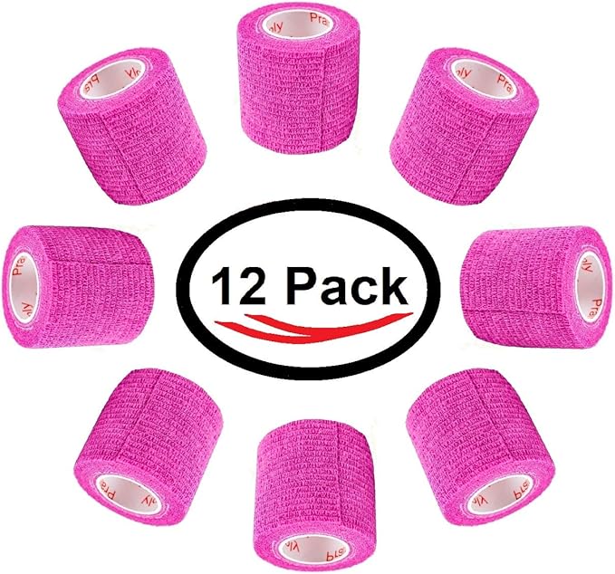 2 Inch Vet Wrap Tape Bulk (Fuchsia) (Pack of 12) Self Adhesive Adherent Adhering Flex Bandage Grip Roll for Dog Cat Pet Horse