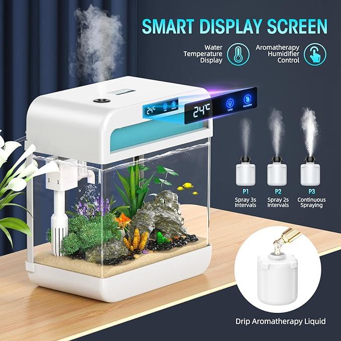 Fish Tank Aquarium 2.2 Gallon with Humidifier 7 Color Auto-Looping Light Self Cleaning 3 in 1 Pump with Filteration & Oxygenation & Circulation, Temperature Display, HD Float Glass, Thickened Base