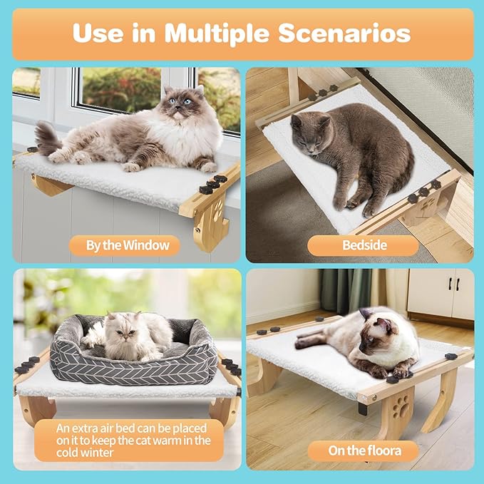 Cat Window Perch Sturdy Cat Window Hammock with Wood and Metal Frame-No Drilling Required-Multiple Ways to Use-Cat Bed for Windowsill,Floor,Bedside or Cabinet-Suitable for Large Cats(M-White Plush)