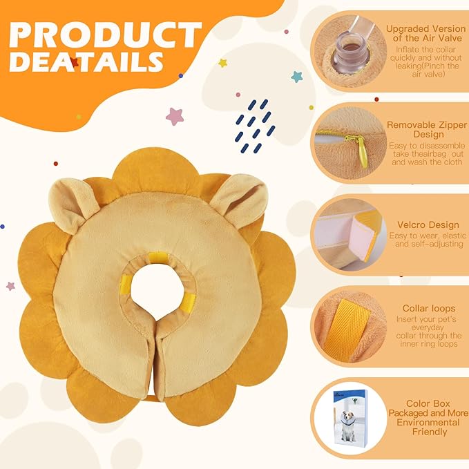 IEUUMLER Inflatable Recovery Dog Collar, Protective Donut Cone, Adjustable Soft Collar for Dog and Cat After Surgery Prevent from Biting & Scratching EU002 (XL (Neck:17.7"-23.6"), Brown Lion)