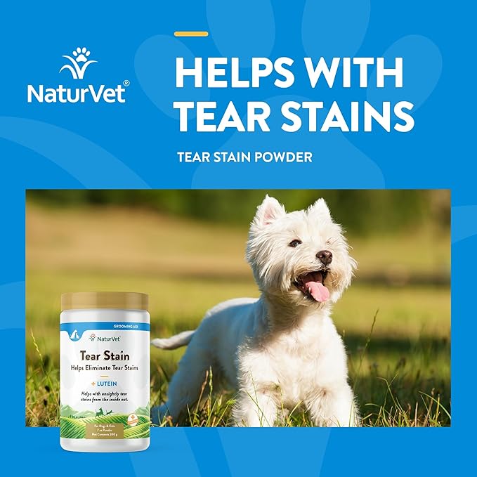 NaturVet – Tear Stain Plus Lutein | Eliminates Unsightly Tear Stains | Enhanced with Cranberry Extract, Calcium Ascorbate & Oregon Grape Root | for Dogs & Cats | 200 Gram Powder