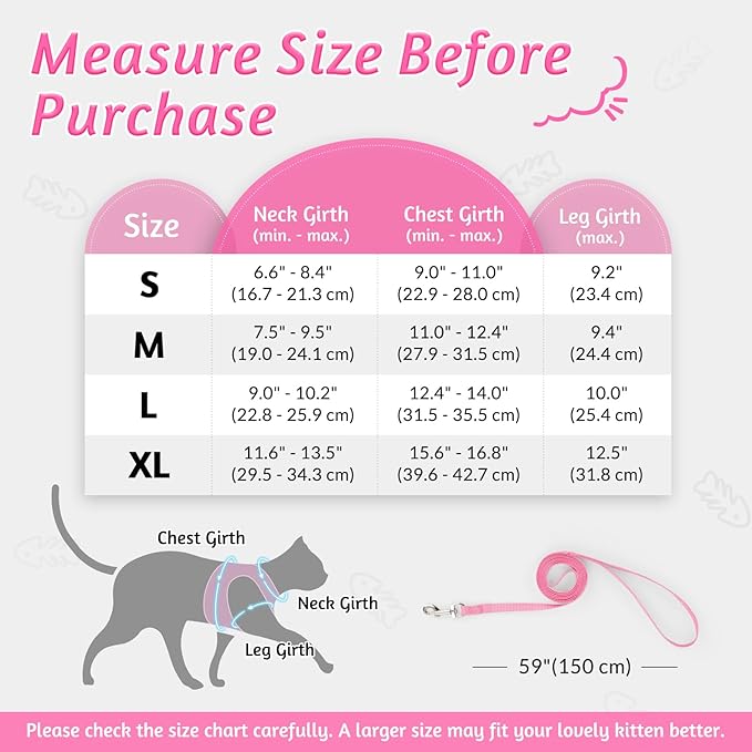 rabbitgoo Cat Harness and Leash Set for Walking Escape Proof, Adjustable Soft Kittens Vest with Reflective Strip for Cats, Comfortable Outdoor Vest, Pink, M