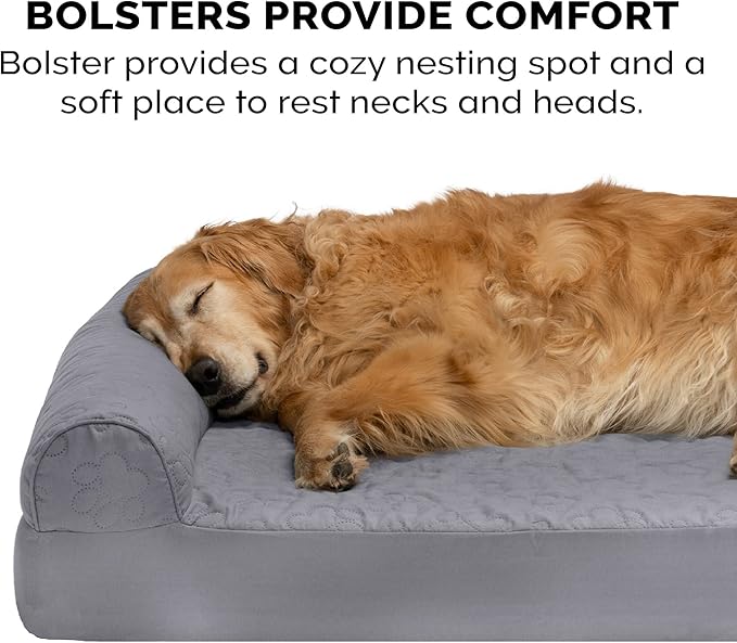 Furhaven Memory Foam Dog Bed for Large Dogs w/ Removable Bolsters & Washable Cover, For Dogs Up to 95 lbs - Pinsonic Quilted Paw L Shaped Chaise - Titanium, Jumbo/XL