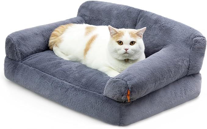 Hollypet Fluffy Plush Dog Cat Pet Sofa Couch Soft Calming Pet Beds for Medium Small Cats and Dogs, Gray