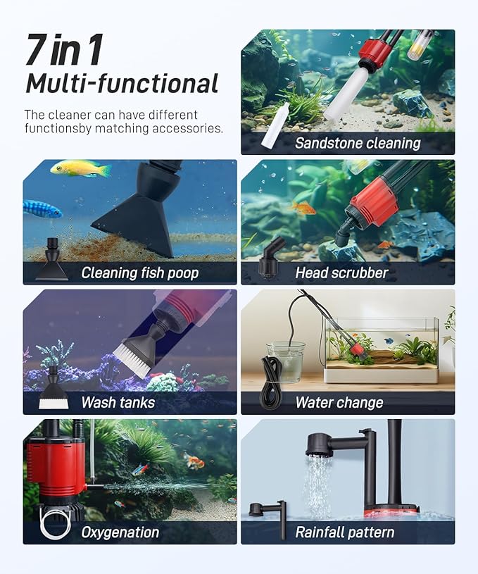 Aquarium Gravel Cleaner - Electric Fish Tank Vacuum 7 in 1 Cleaning Tools Kit, Multifunction Wash Sand Filter Water Circulation for Water Changing 475GPH/30W